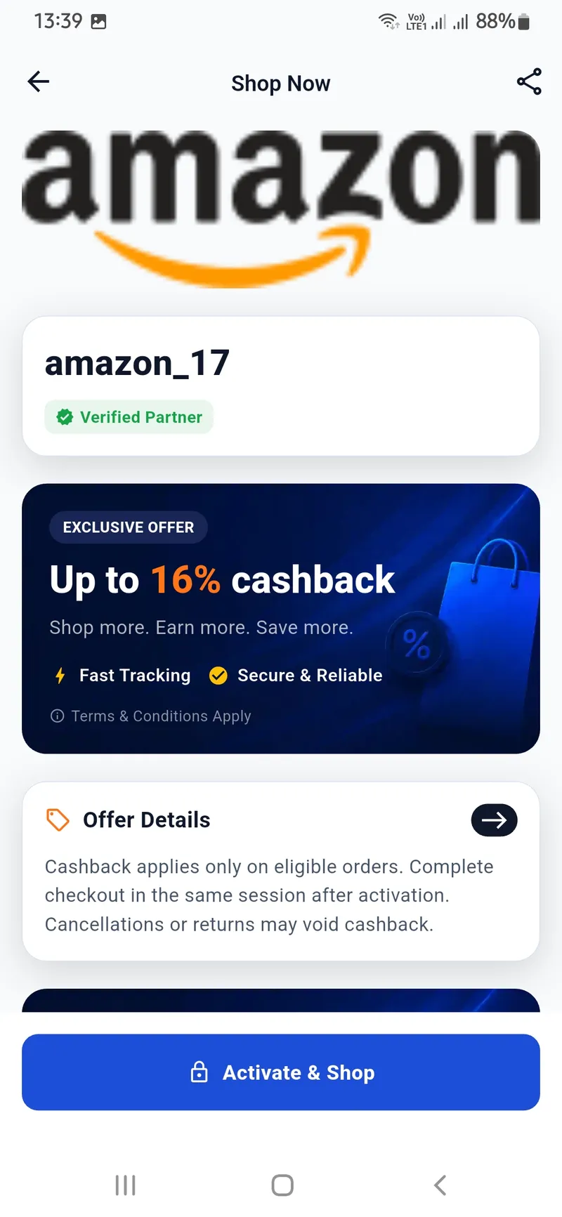 Activate Cashback Store Redirection Screen